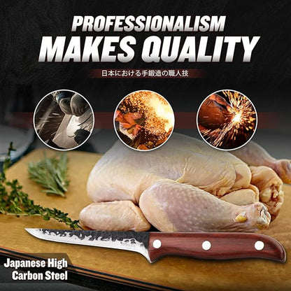 Huusk Boning Knife for Meat Cutting Deboning Butchering,Japanese Fillet Knives with Sheath,Brisket Trimming Knife,Full Tang Hand Forged Camping BBQ 5 Inch Gift for Dad