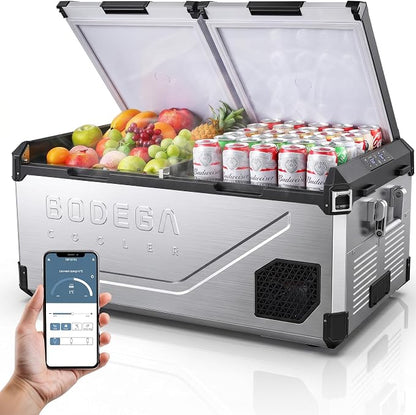 BODEGA Stainless Steel 12 Volt Car Refrigerator, 79 Quart Portable Freezer Car Fridge Dual Zone With APP Control, -4℉-68℉ Electric Cooler, 12/24V DC and 100-240V AC, for Vehicles,Camping, RV, Outdoor