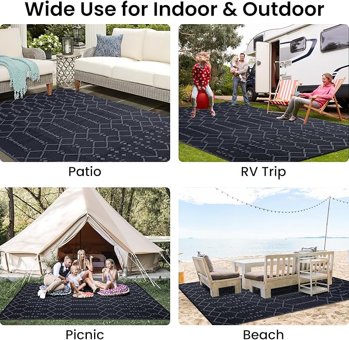 Smiry Outdoor Rug 9x12 ft Waterproof Reversible Boho Mat, Dark Grey | Polypropylene Plastic Straw, Quick Drying, Lightweight Foldable, for Patio, Deck, RV Camping, Backyard and Indoor Outdoor Use