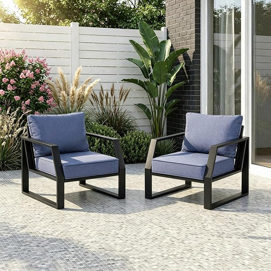 Oversized Modern Outdoor Patio Chair Set of 2 with 5" Thick Cushions, Deep Seat & Wide Armrests, Aluminum All-Weather Rustproof UV-Resistant Frame for Garden, Backyard, Porch