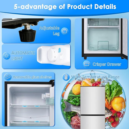 Compact Refrigerator with Freezer, 4.5 Cu. Ft. 2-Door Dorm Fridge, Silver | Compact Refrigerator 7-Level Adjustable Thermostat, Small Refrigerator with Freezer for Home, RV, Apartment, Office