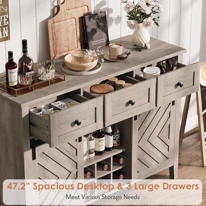 CABIHOME Farmhouse 47.2'' Buffet Cabinet with Sliding Barn Door, 33.4'' Tall Wood Rustic Sideboard with 3 Drawer, Adjustable Shelf and Removable Wine Rack (Vintage, 47.2'')
