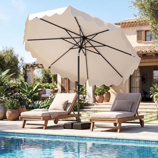 Tangkula 9 FT Patio Umbrella with Base Included, 2-Tiers Outdoor Scalloped Table Umbrella with 2 Sandbags, Tilt Adjustment, Crank, 8 Ribs for Market Backyard Pool Deck Beach Lawn