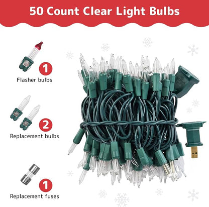 PREXTEX 50 Count Clear Christmas Tree Lights - 10 ft Warm White String Lights with Green Wire - Indoor and Outdoor Mini Light for Christmas, Holiday Decorations, Trees, Fences, Patios and More