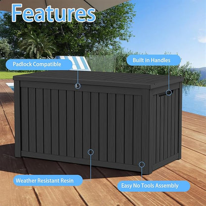 Pepe Tee Waterproof Resin Deck Box, Outdoor Storage Bin for Patio Furniture Cushions, All-Weather Garden Organizer & Seating Bench, Black