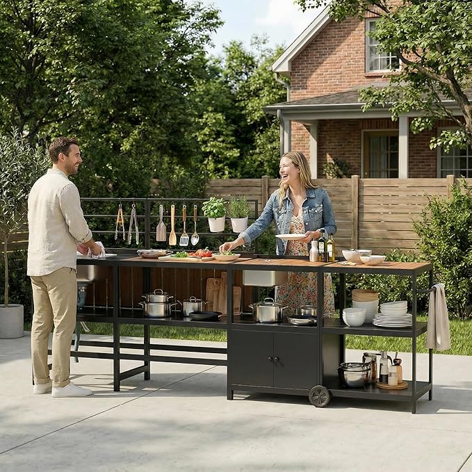 ENSTVER Modular Outdoor Kitchen with All-Aluminum Island & Cabinets, Stainless Steel Sink, Food-Safe Countertop, Outdoor Kitchen Island for Patio, Deck, Backyard,Black