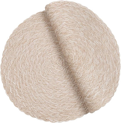 SHACOS Round Braided Placemats 15 inch Set of 4 Boho Woven Washable Kitchen Table Placemats for Home Wedding Party (T-Beige, 4)