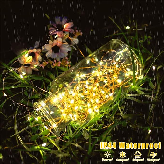 QITONG Warm White Solar Fairy Lights, 2 Pack Each 66ft 200 LED String Lights Outdoor, Silver Wire Solar Christmas Mini Lights
