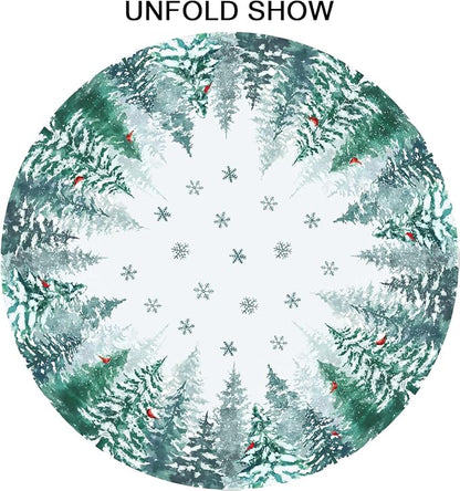 Winter Green Pine Tree Table Cloth Round Xmas Red Cardinal Bird Snowflake Tablecloth 60 Inch Decor Washable Stain and Wrinkle Resistant Winter Round Table Cover for Dining Picnic