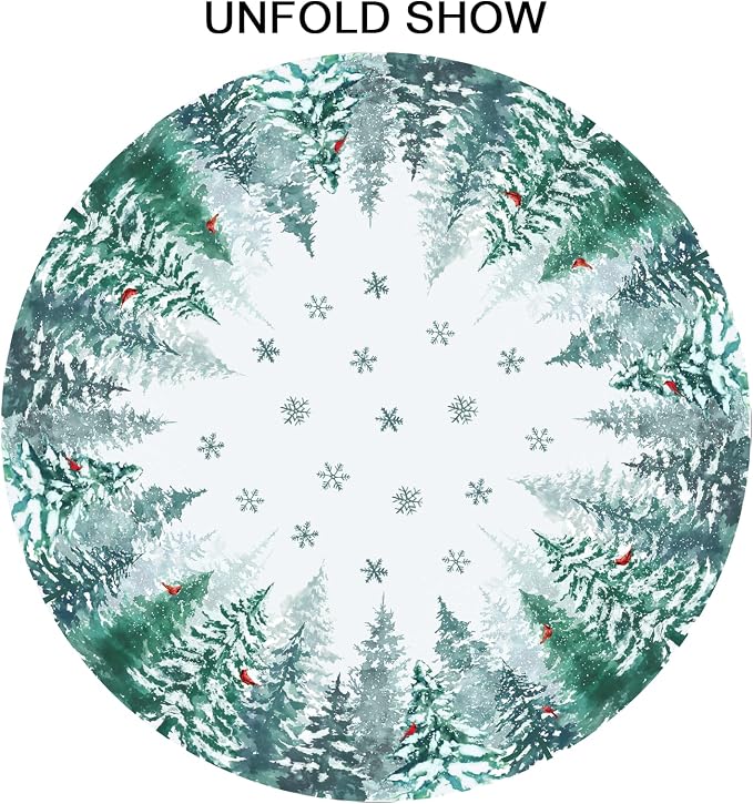 Sweetshow Winter Green Pine Tree Table Cloth Round Xmas Red Cardinal Bird Snowflake Tablecloth 70 Inch Decor Washable Stain and Wrinkle Resistant Winter Round Table Cover for Dining Picnic