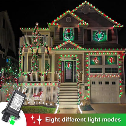 82FT 250 LED Outdoor String Lights, Red and Green Christmas Lights Indoor | Plug in Waterproof 8 Modes Clear Wire String Twinkle Lights for Bedroom Outside Patio Yard Xmas Party Holiday Decorations