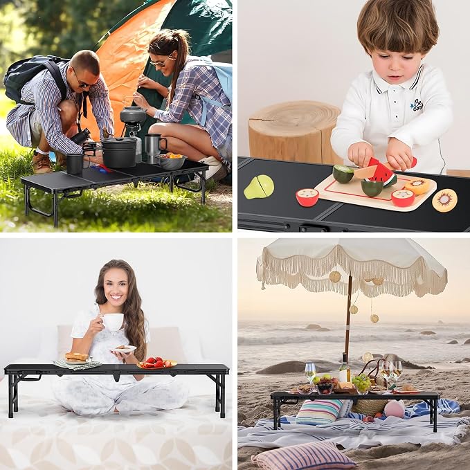 FUNYKICH 4ft Low Folding Picnic Table(45.7''x15.7''x10.3''), Thicker Aluminum Legs Beach Table with Handle & Carry Bag, Lightweight Small Camping Table for Picnic Beach Camping Party, Black