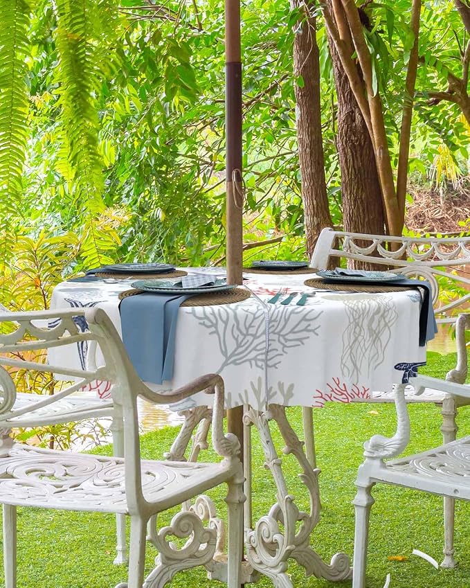 Blue Red Coastal Outdoor Tablecloth - 60 Inch Round Waterproof Dining Table Cover, Nautical Summer Beach Coral Sea Turtle Outdoor Table Cloth with Umbrella Hole & Zipper for Picnic/Patio
