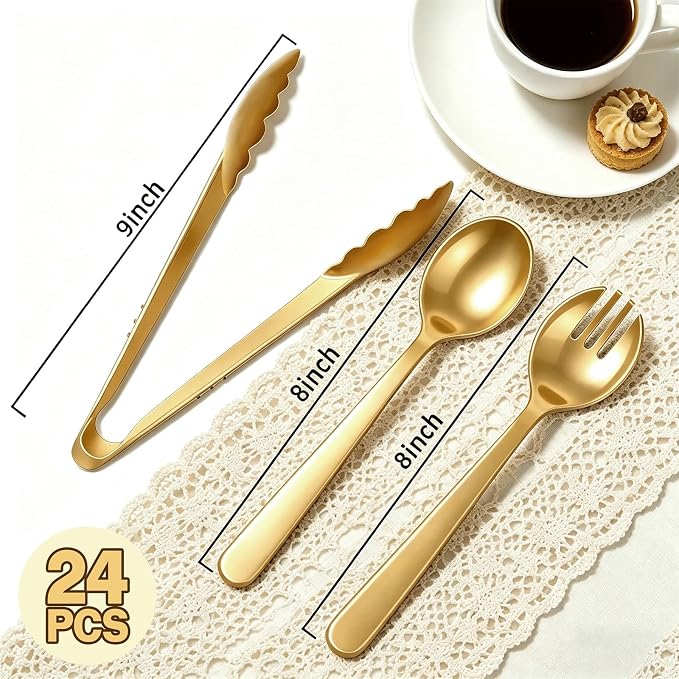 24 Pcs Gold Plastic Serving Utensils Set, Elegant Disposable Party Serving Spoons & Forks, Heavy Duty Gold Buffet Utensils for Wedding, Birthday, Baby Shower, Holiday Celebration & Special Events