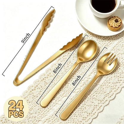 24 Pcs Gold Plastic Serving Utensils Set, Elegant Disposable Party Serving Spoons & Forks, Heavy Duty Gold Buffet Utensils for Wedding, Birthday, Baby Shower, Holiday Celebration & Special Events