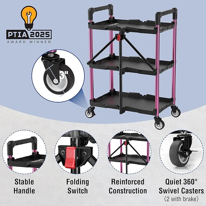 WORKPRO 3-Tier Collapsible Utility Cart, 210 LBS Cart with Wheels | No Assembly Required, Foldable Service Cart with Spacious Shelves for Garage, Warehouse, Office & Home Use, Black/Pink