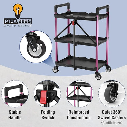WORKPRO 3-Tier Collapsible Utility Cart, 210 LBS Cart with Wheels | No Assembly Required, Foldable Service Cart with Spacious Shelves for Garage, Warehouse, Office & Home Use, Black/Pink