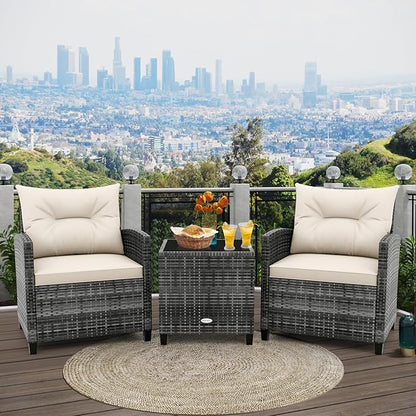 HAPPYGRILL 3 Pieces Patio Conversation Set PE Rattan Outdoor Furniture Sofa Set with Removable Cushion, PE Wicker Chairs with Tempered Glass Side Table for Porch Lawn Garden Balcony Backyard