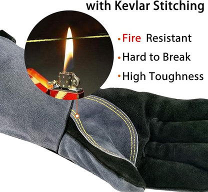 WZQH 14 Inches,932℉,Leather Welding Gloves small, Heat/Fire Resistant,Small Mitts for BBQ,Oven,Grill,Fireplace,Tig,Mig,Forge,Baking,Furnace,Stove,Pot Holder,Animal Handling Glove.S Black-gray
