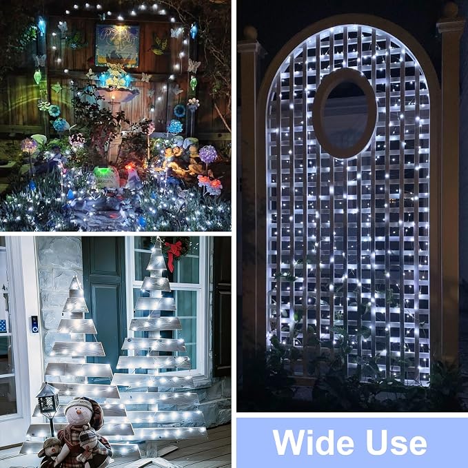 QITONG Solar Fairy Lights Outdoor Waterproof, 2 Pack Each 66ft 200 LED White Christmas String Lights, Silver Wire Twinkle Mini Lights with 8 Modes