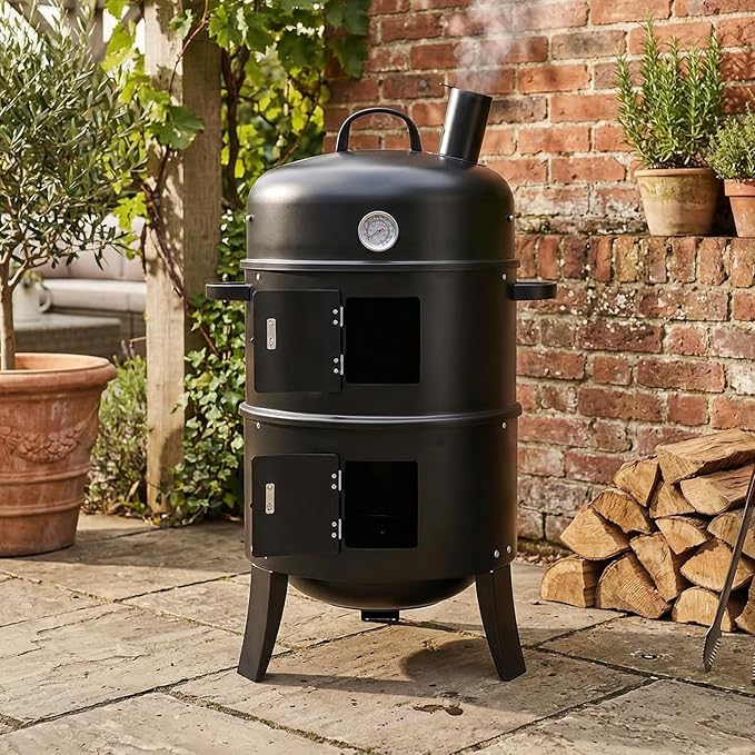 Compact Cylindrical Smoker with Chimney 16.9 x 20.5 x 33.5 Inch Charcoal Grill for Backyard BBQ Vertical Saturn Smoker Heavy Duty Iron for Outdoor Cooking