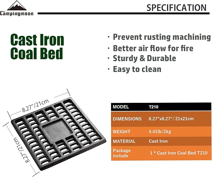 CAMPINGMOON Cast Iron Coal Bed Charcoal Fire Grate 8.27x8.27-inch T-210