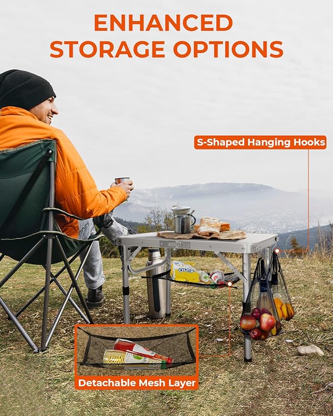 Sportneer Camping Table: Adjustable Height Small Folding Table 23.6" L x 15.7" W 2 Height with Mesh Layer - Compact & Portable Camping Essentials for Outdoor Camp Garden Picnic BBQ Dining Cooking