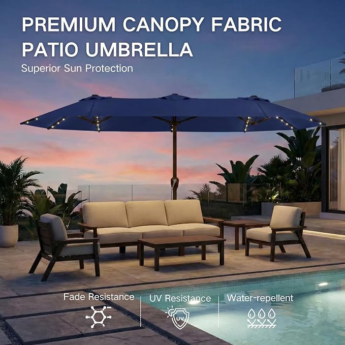 Kingdura 15ft Large Patio Umbrella with Solar Lights, Double-Sided Rectangle Lighted Outdoor Table Umbrella with Base Included, 12 Reinforced Ribs, 48 Led Lights, Crank Lift for Market Pool Deck Backyard, Navy blue