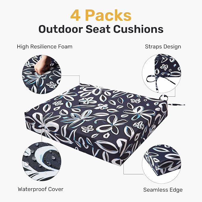UNIKOME Outdoor Chair Cushions Pack of 4, Water Resistant Patio Cushions with Ties, High Density Sponge Filling Square Corner Seat Cushions for Outdoor Furniture, 18.5"*16"*3", Navy/White