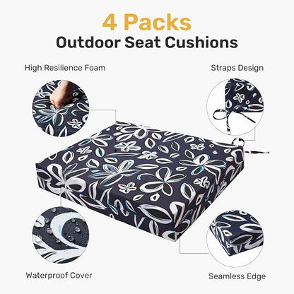 UNIKOME Outdoor Chair Cushions Pack of 4, Water Resistant Patio Cushions with Ties, High Density Sponge Filling Square Corner Seat Cushions for Outdoor Furniture, 18.5"*16"*3", Navy/White
