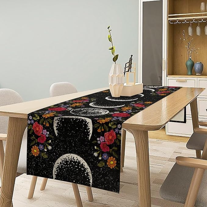 Boho Moonlit Garden Flower Table Runner,Moon Phase Floral Long Table Runner Cover for Wedding Kitchen Party Holiday Dining Home Everyday 13x60 Inch
