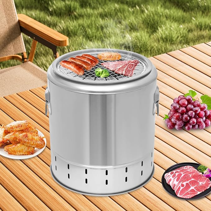 Stainless Steel Barrel Grill Charcoal 2-in-1 Barrel Smoker Grill with Complete BBQ Kit 360° Smokeless Barril Asador Vertical Smoker for Backyard Cookout, Camping (Cylinder, 20-Skewer)