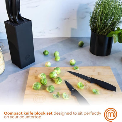 MasterChef Knife Set with Block, 7pc Kitchen Knives Set with Holder, Black | Knife Block Set with Sharp Stainless Steel Blades for Precise Cutting with Non Stick Coating & Soft Touch Easy Grip Handles