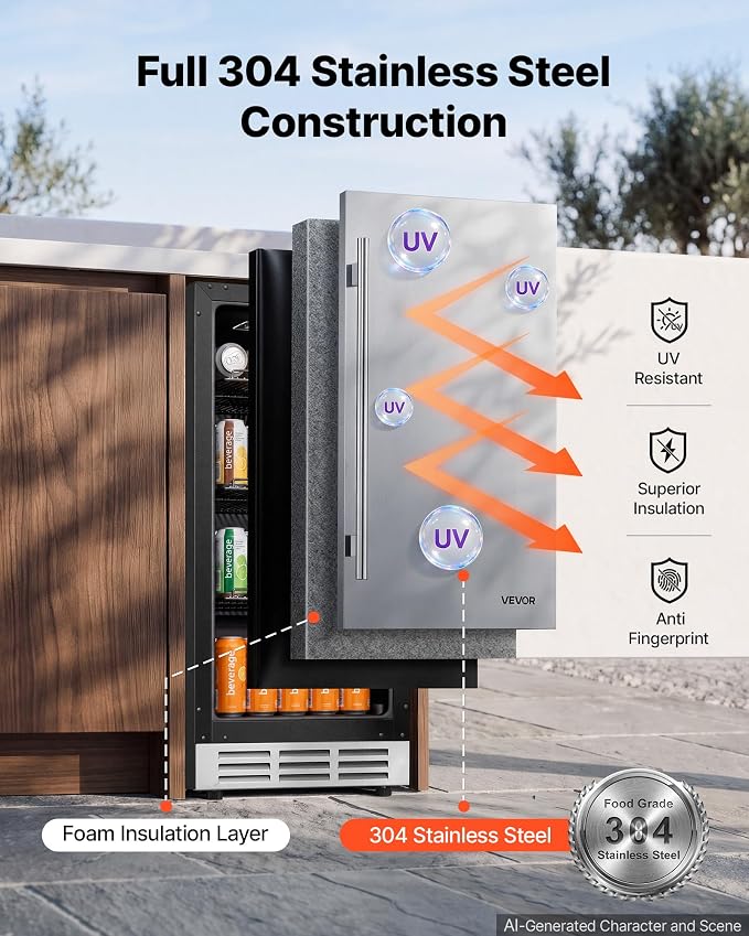 VEVOR Outdoor Beverage Refrigerator, 15 Inch Undercounter Drink Fridge | 304 Stainless Steel Door, 3.0 Cu. Ft, Hold 94 Cans, Powerful Cooling System, Built-in / Freestand Cooler, Home Bar & Patio