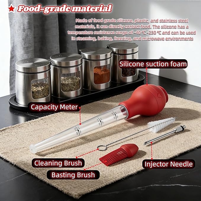 Turkey Baster with Cleaning Brush, Meat Injector Syringe with Detachable Silicone Bulb, 304 Stainless Steel Needle and Basting Brush for Roasting Chicken, 22ml Capacity (Red)