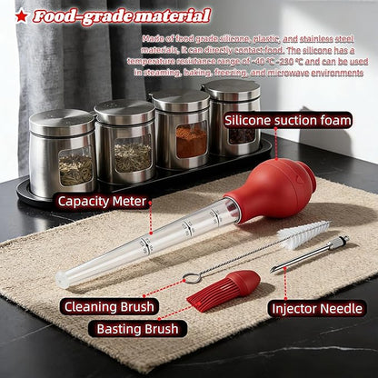 Turkey Baster with Cleaning Brush, Meat Injector Syringe with Detachable Silicone Bulb, 304 Stainless Steel Needle and Basting Brush for Roasting Chicken, 22ml Capacity (Red)