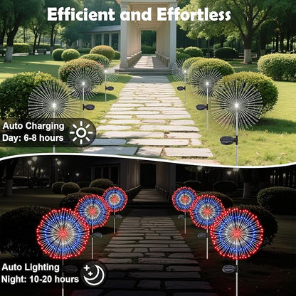 4th of July Decorations Solar Fireworks Lights for Outside, 2 Pack 180LED Red White Blue Solar Lights Outdoor with 8 Mode, Firework Patriotic Light for 4th of July Memorial Day Party Decoration