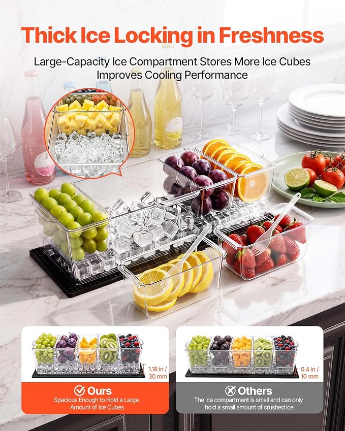 VEVOR Chilled Condiment Server Caddy, 5 Compartment Ice Cooled Serving Container, Plastic Fruit Garnish Tray Platter with Separate Lid, for Taco Salad Bar Accessories, Party Home Restaurant Supplies