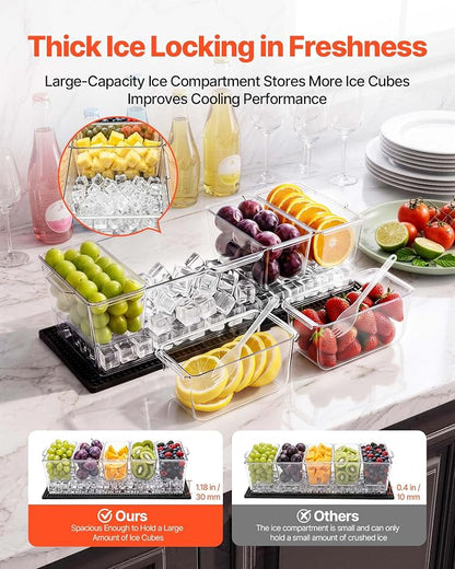 VEVOR Chilled Condiment Server Caddy, 5 Compartment Ice Cooled Serving Container, Plastic Fruit Garnish Tray Platter with Separate Lid, for Taco Salad Bar Accessories, Party Home Restaurant Supplies