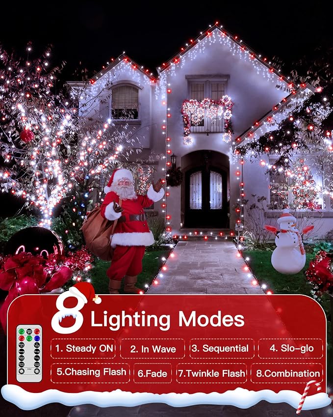 196FT 600 LED Christmas Lights Outdoor Waterproof, Timer & Memory Function, 8 Modes Red White String Lights Plug in Twinkle Lights for Xmas Tree Holiday Garden Indoor Party Decor