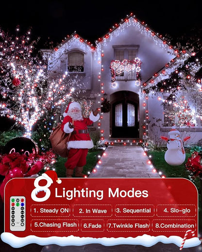 196FT 600 LED Christmas Lights Outdoor Waterproof, Timer & Memory Function, 8 Modes Red White String Lights Plug in Twinkle Lights for Xmas Tree Holiday Garden Indoor Party Decor