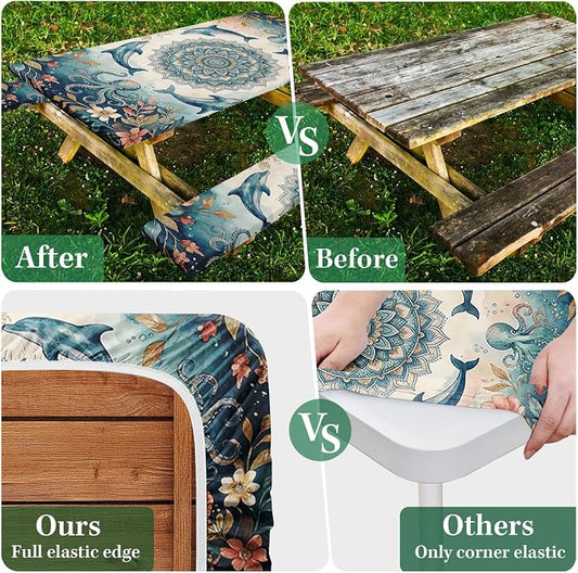 Picnic Table Cover with Bench Covers, Coastal Camper, 3PCS, 72 Inch | Waterproof fitted tablecloth with elastic edges outdoor camping essentials drawstring bag