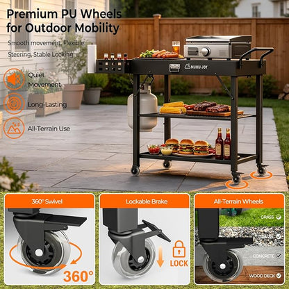 Grill Cart, 500lbs Heavy Duty Grill Table, 19 Inch Wider BBQ Prep Station with 3-Tier Storage, Lockable Wheels, Foldable Portable Outdoor Blackstone Stand Fits 22" Griddle, Tool-Free Setup