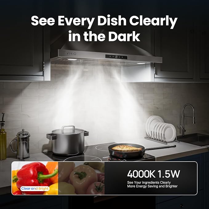 VIKIO HOME 36 Inch Wall Mount Range Hood 580CFM Low Noise Touch Control | Ducted/Ductless Convertible, Stainless Steel Kitchen Vent Hood with 3-Speed Fan and LED Lights