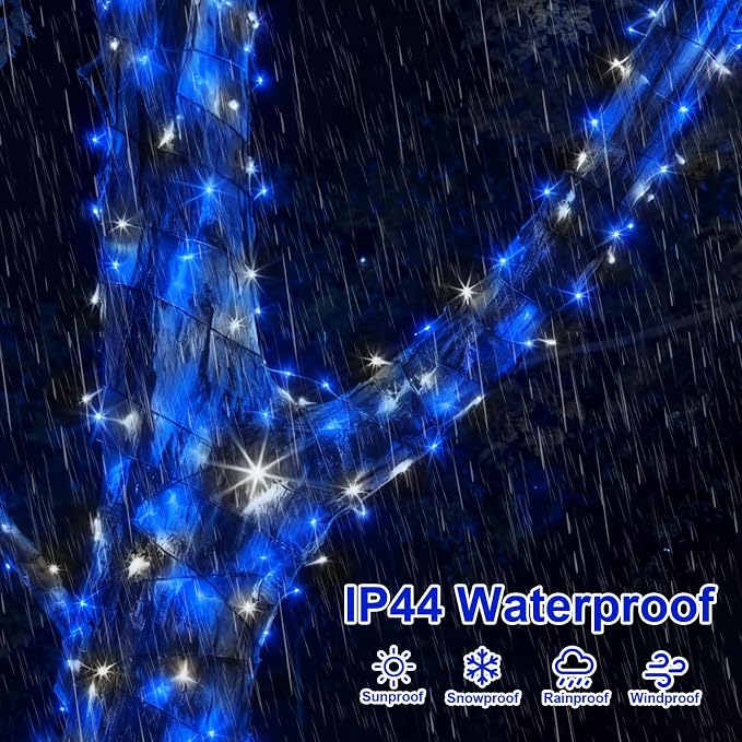 QITONG 2 Pack Blue and White Solar Christmas Lights, Each 66ft 200 LED Solar String Lights Outdoor Waterproof, 8 Modes Solar Twinkle Light for Outside