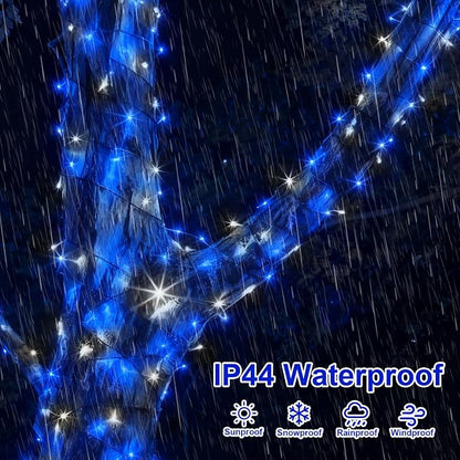 QITONG 2 Pack Blue and White Solar Christmas Lights, Each 66ft 200 LED Solar String Lights Outdoor Waterproof, 8 Modes Solar Twinkle Light for Outside