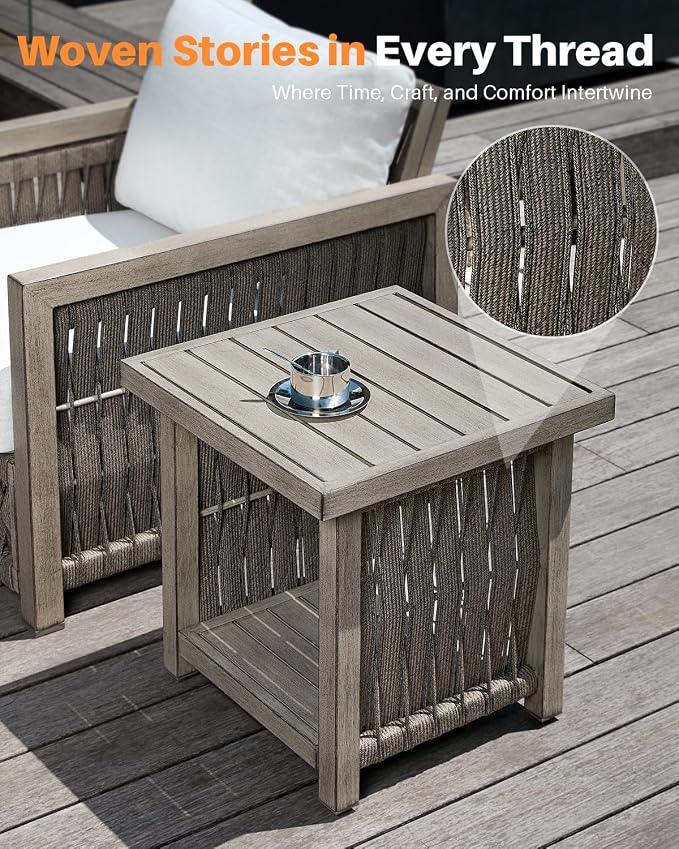 Outdoor Side Table, Aluminum Square Patio Side Table, 2-Tier Rope Weave Outdoor End Table with Adjustable Legs, Never-Rust Patio Table Outside Furniture for Garden, Pool, Beach, Deck, Gray Oak