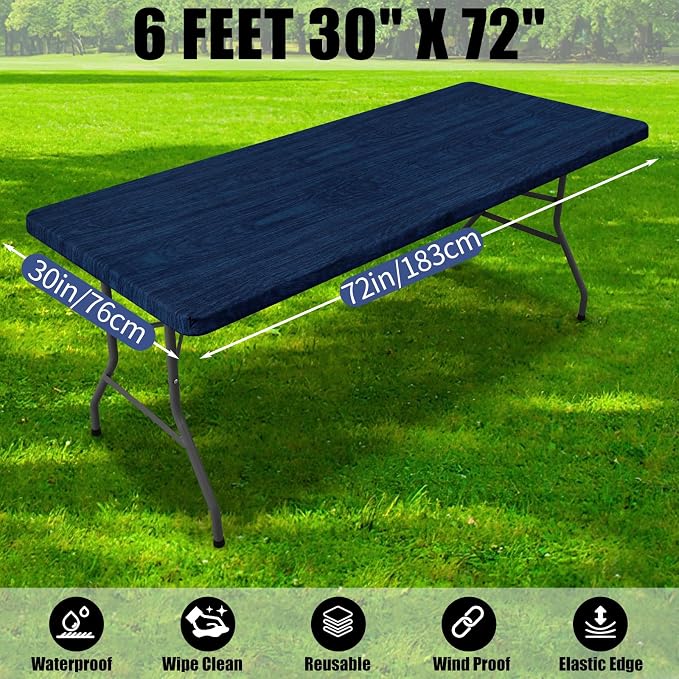 Smiry 2 Pack Rectangle Table Cloth 6 Foot, Waterproof Elastic Fitted Tablecloths, Windproof Washable Polyester Table Cover for Picnic, Camping, Outdoor (Navy & Black, 30"x72")