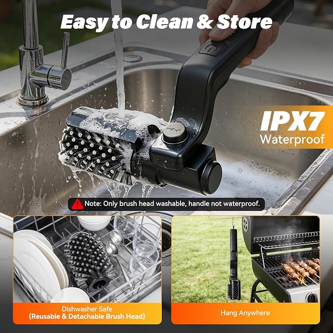 Electric Grill Brush for Outdoor Grill - Cordless Rechargeable Grill Cleaner with 180-Min Runtime, 3 Speeds, 545°F Heat Resistant, 180° Adjustable Angle, 2-in-1 Heavy-Duty BBQ Cleaning Kit