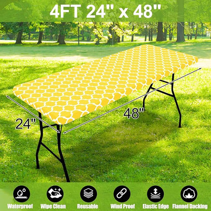 Smiry Picnic Fitted Table Cover, 4 Foot Flannel Backed Vinyl Tablecloth | Waterproof Elastic Stretch Table Cloth, Wipeable Plastic Tablecloth for Camping, Indoor & Outdoor (Yellow, 24" x 48")